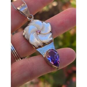 Vintage Floral Design Mother of Pearl Amethyst Sterling Silver Pendant Necklace